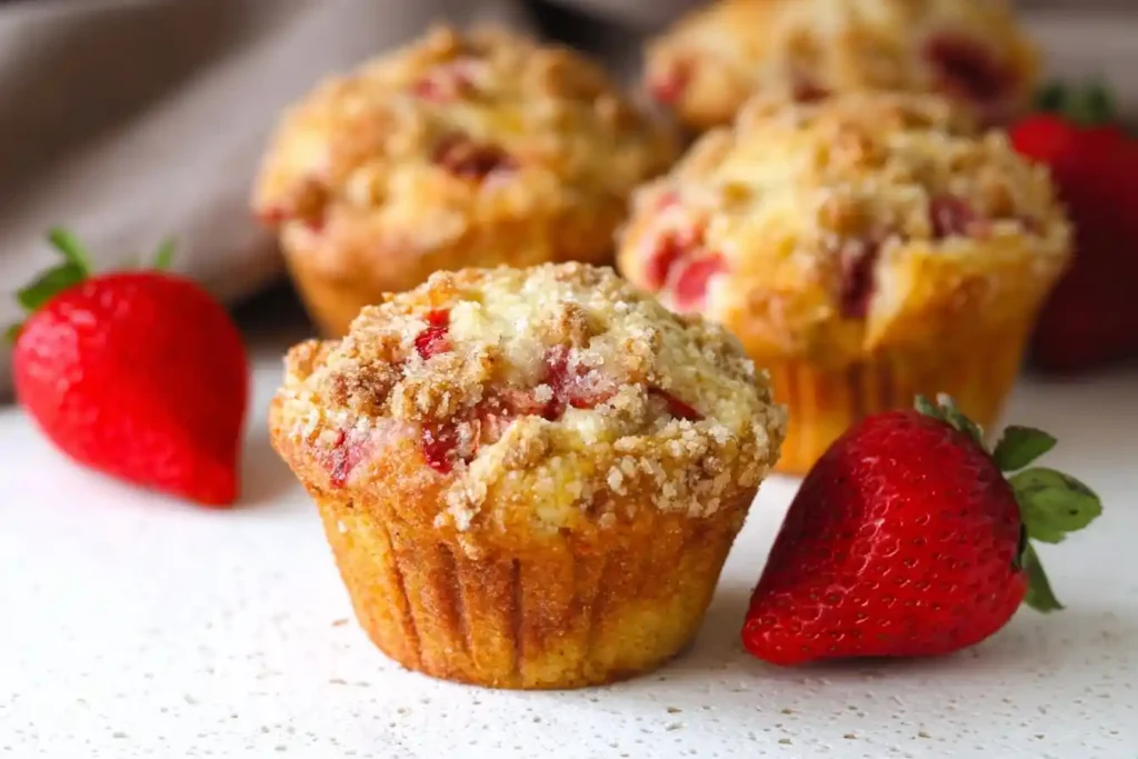 Close-up of golden brown Strawberry Muffins with a crumb topping and fresh strawberries on a white surface.