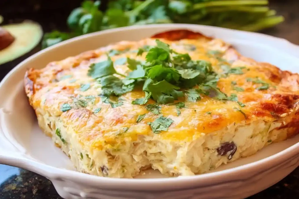 Close-up view of a cheesy Chicken Enchilada Casserole slice in a white dish garnished with fresh cilantro