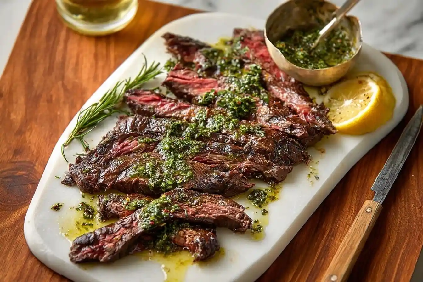 Sliced skirt steak with chimichurri on a white serving platter with a lemon wedge.