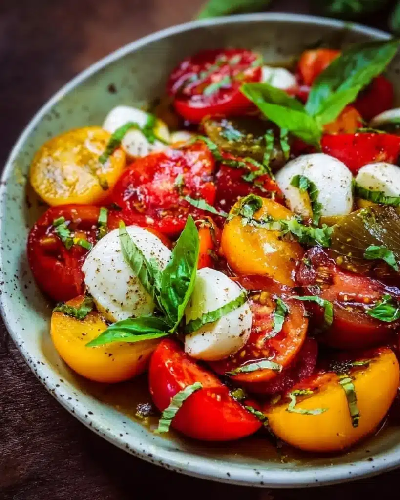 Chopped Caprese Salad with tomatoes, mozzarella, and basil in a bowl