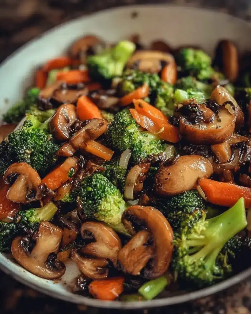 15-minute pan with mushrooms, broccoli, and carrots meal preparation