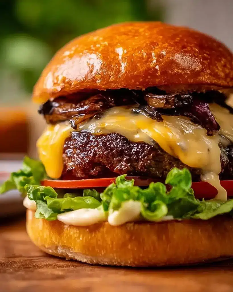 Juicy air fryer smash burger topped with cheese and fresh ingredients