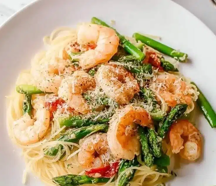 Plate of Angel Hair Pasta with Shrimp and Asparagus garnished with herbs