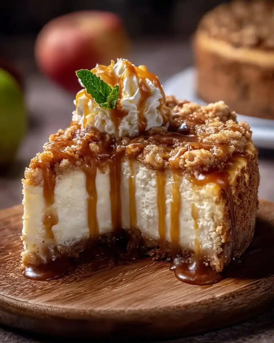 Delicious Apple Crisp Cheesecake topped with apples and crumble