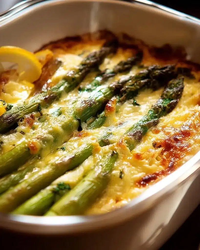 Baked asparagus dish topped with cheese and breadcrumbs, served in a casserole dish.