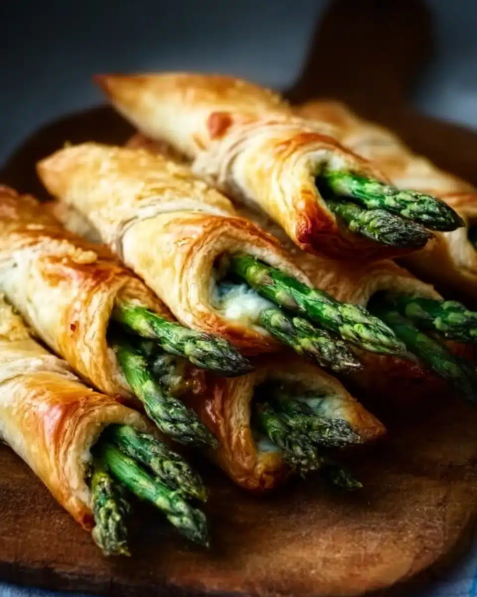 Asparagus Puff Pastry bundles served on a plate with herbs
