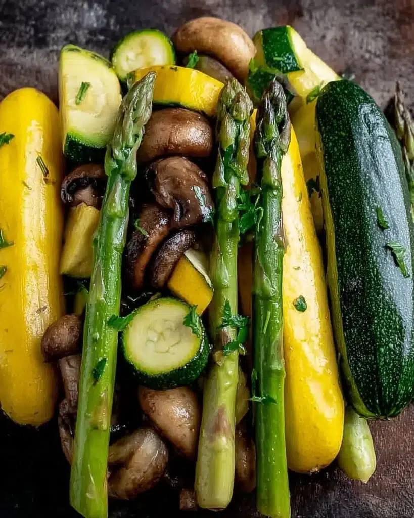 A vibrant dish featuring asparagus, zucchini, and squash cooked to perfection.