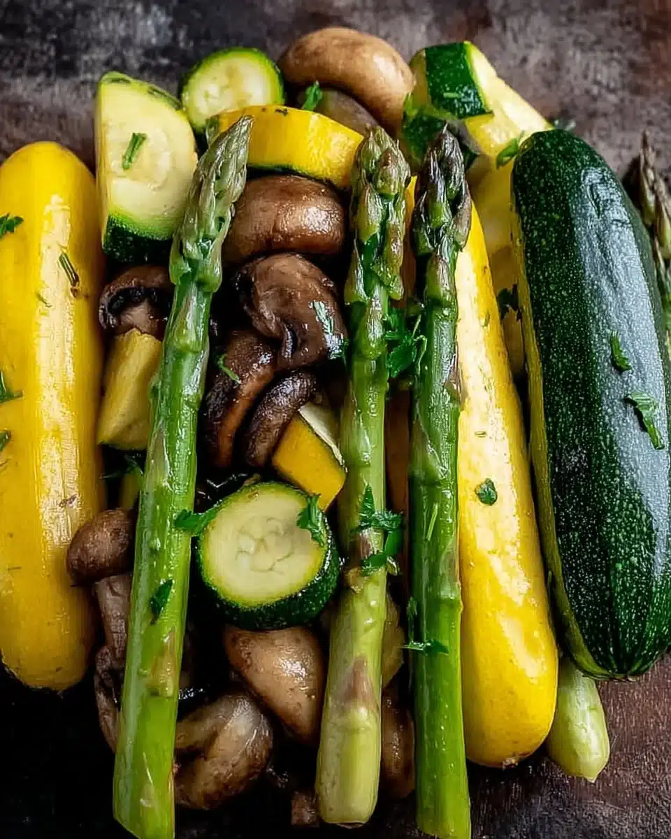 A vibrant dish featuring asparagus, zucchini, and squash cooked to perfection.