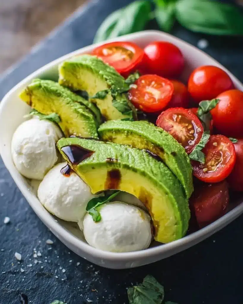 Delicious Avocado Caprese Salad with ripe tomatoes, mozzarella, and basil.