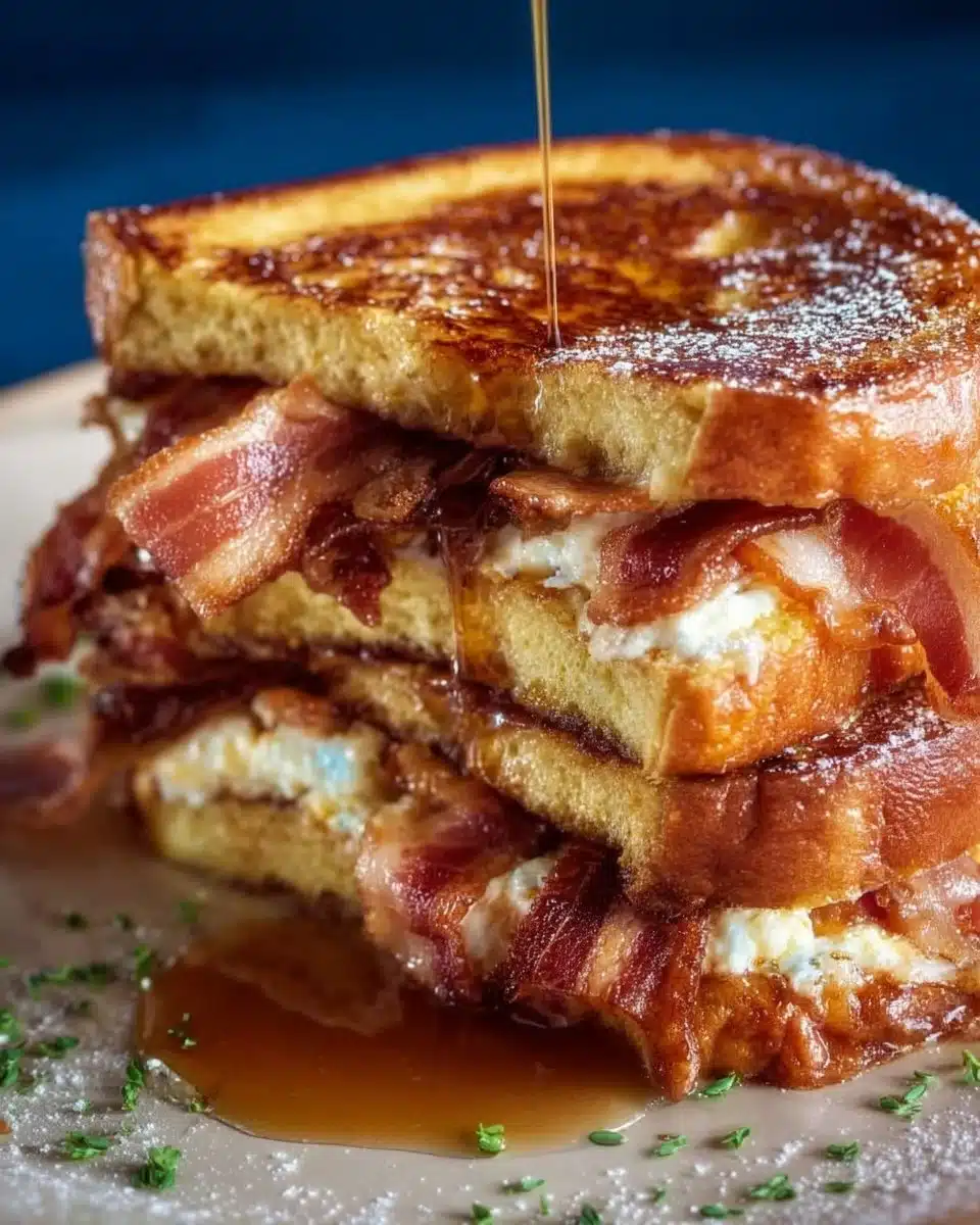 Bacon cream cheese stuffed brioche french toast topped with syrup