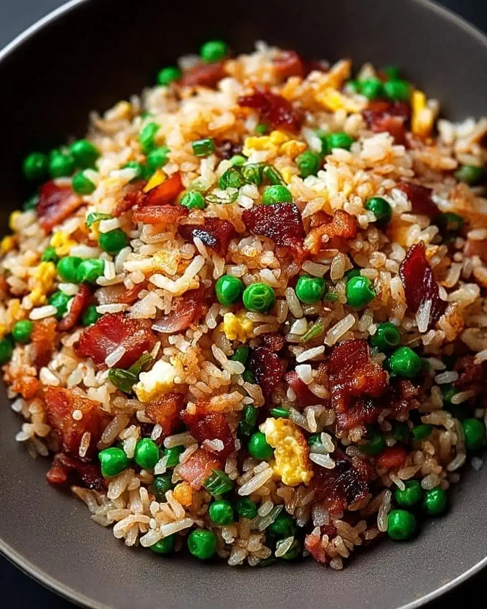 Bacon fried rice with colorful vegetables and crispy bacon bits