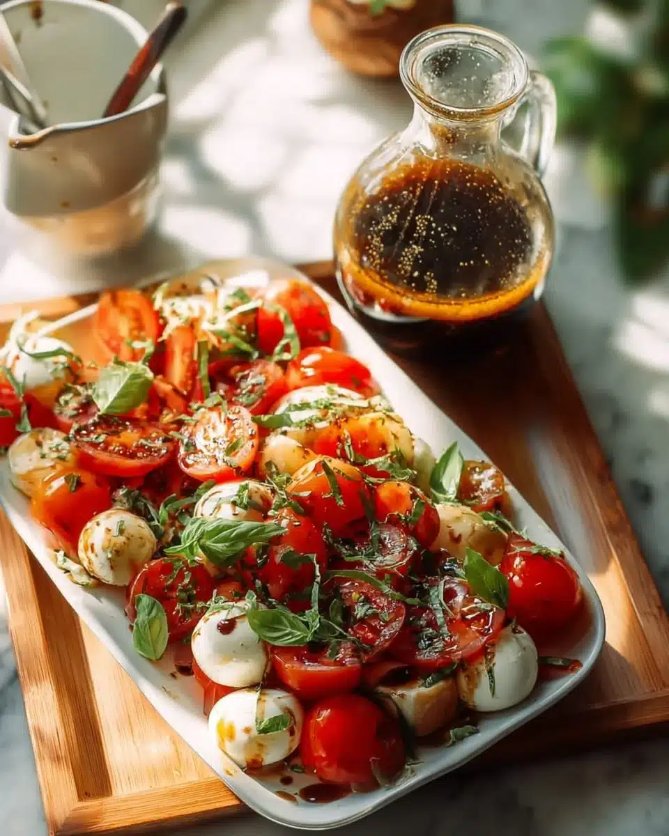 Balsamic Caprese Salad Dressing drizzled over fresh tomatoes and mozzarella
