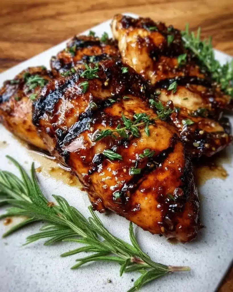Balsamic Honey Chicken Marinade in a glass bowl with fresh herbs and spices