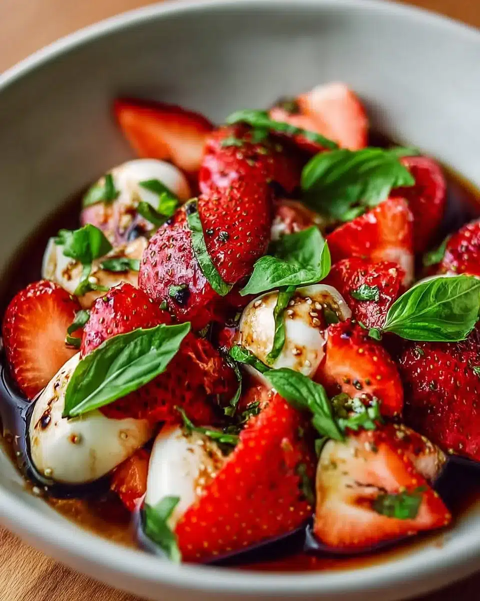 Balsamic Strawberry Caprese Salad with basil and mozzarella on a plate