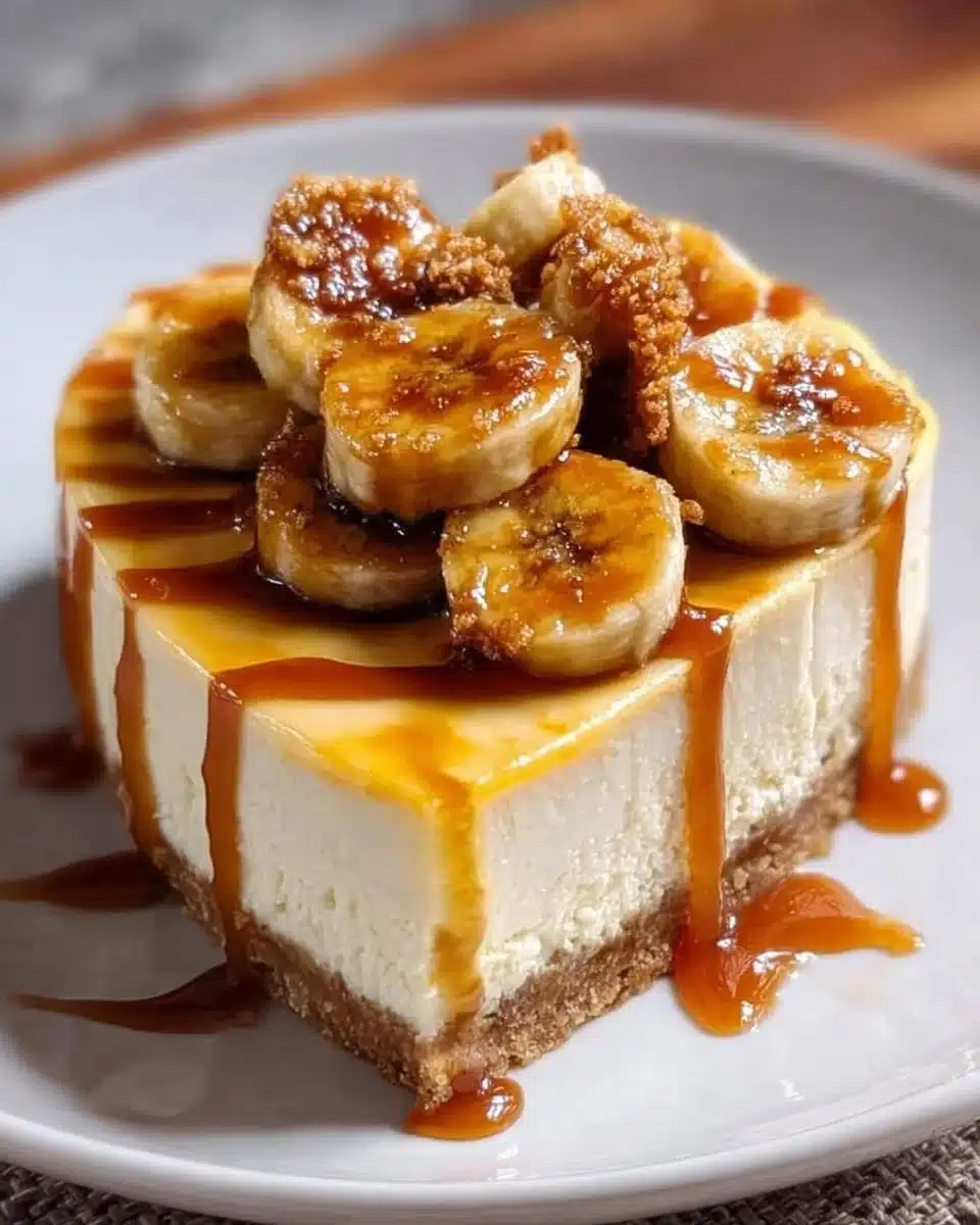 Delicious Bananas Foster Cheesecake topped with caramelized bananas and whipped cream