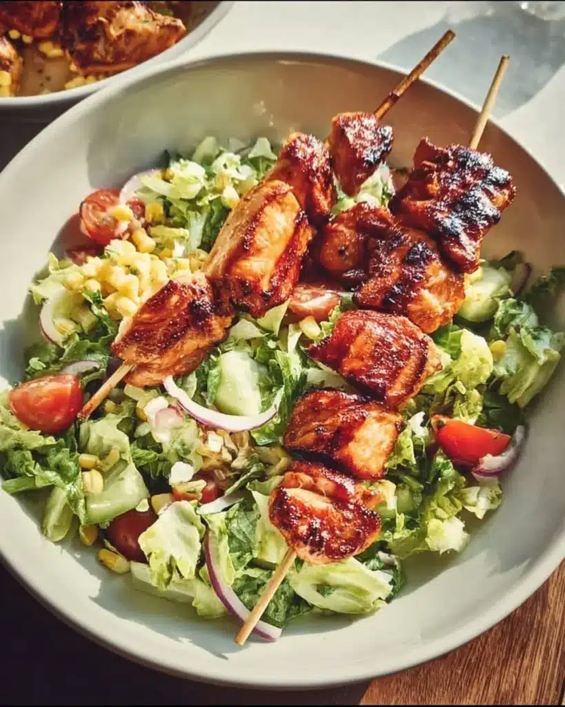Delicious BBQ chicken skewer salad garnished with fresh vegetables.