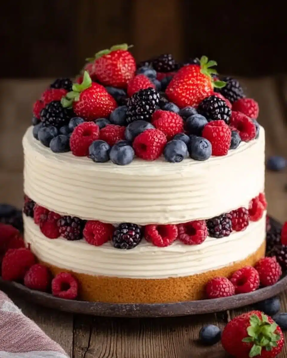 Layered Berry Mascarpone Cake with fresh fruits and creamy filling