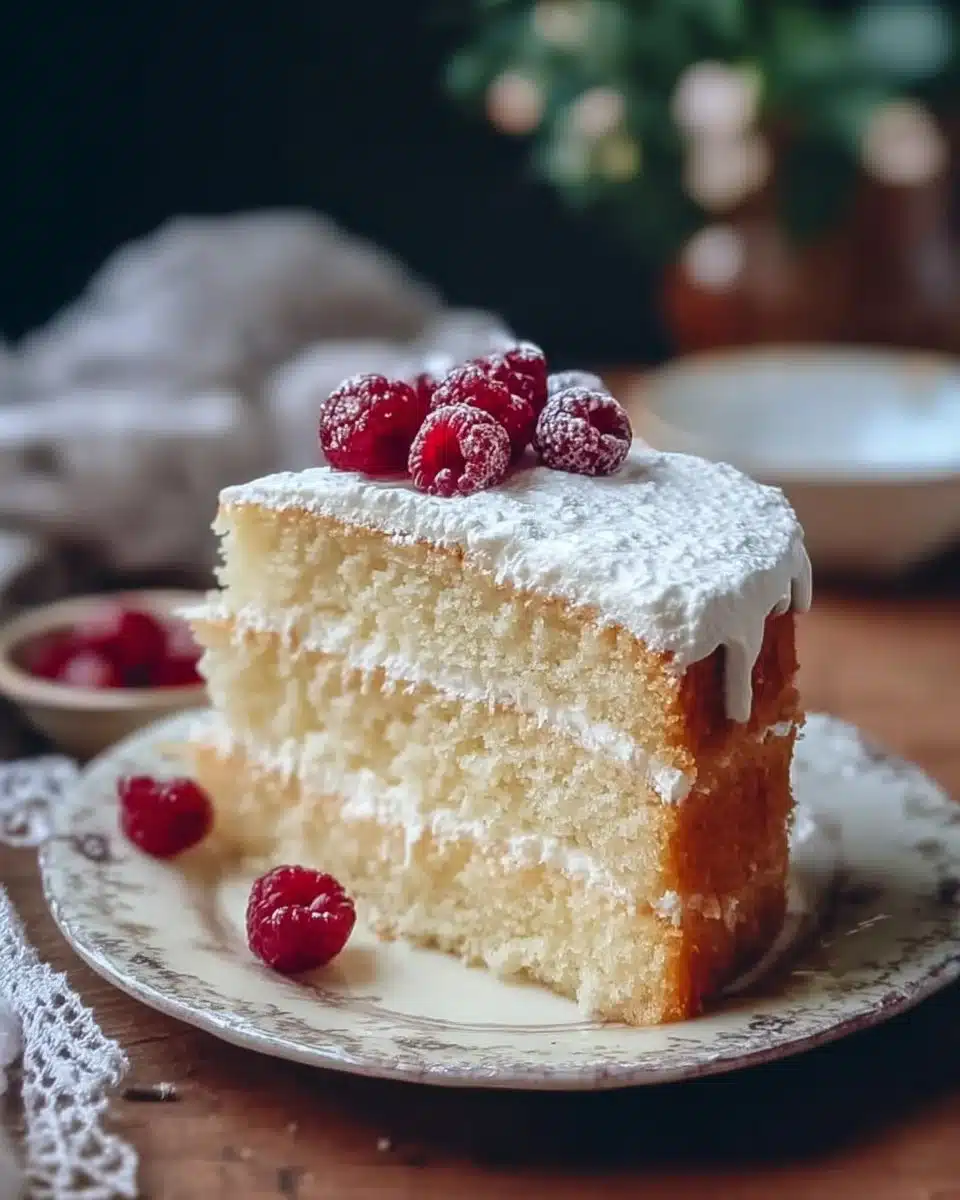 Delicious homemade vanilla cake with frosting on a white plate