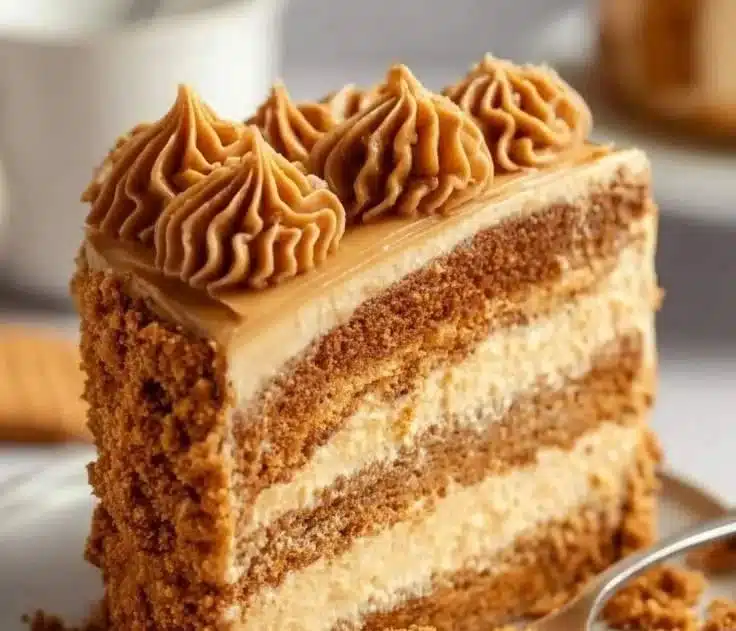 Delicious Biscoff Cake with creamy frosting and cookie crumbs on top