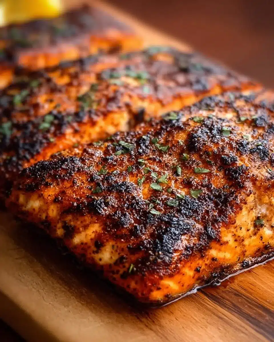 Blackened Cajun grilled salmon on a plate with herbs and spices