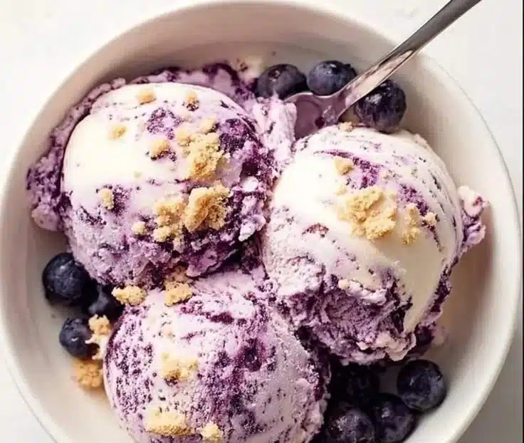 A scoop of delicious blueberry cheesecake ice cream served in a bowl.