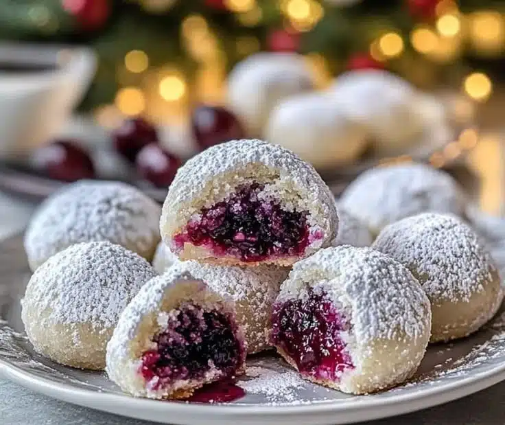 Blueberry-filled almond snowball cookies on a plate with powdered sugar