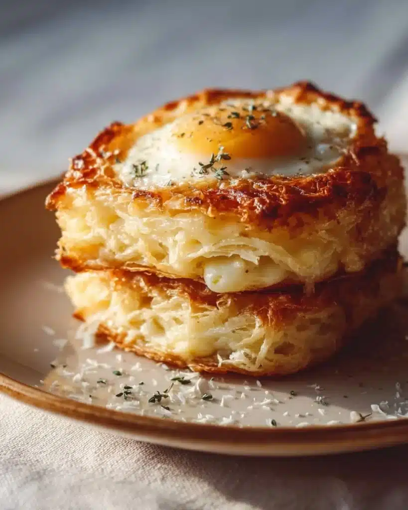 Breakfast Puff Pastry Egg Napoleons with Parmesan Mornay sauce on a plate.