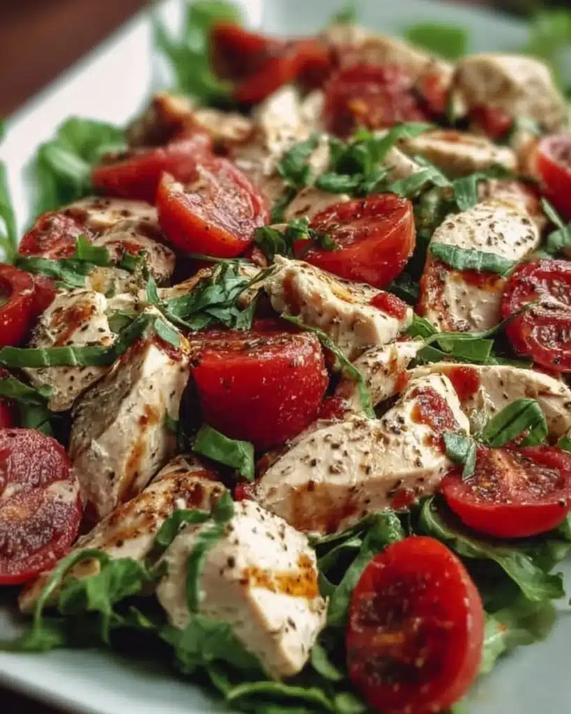 Delicious Caprese Chicken Salad with fresh tomatoes, mozzarella, basil, and grilled chicken