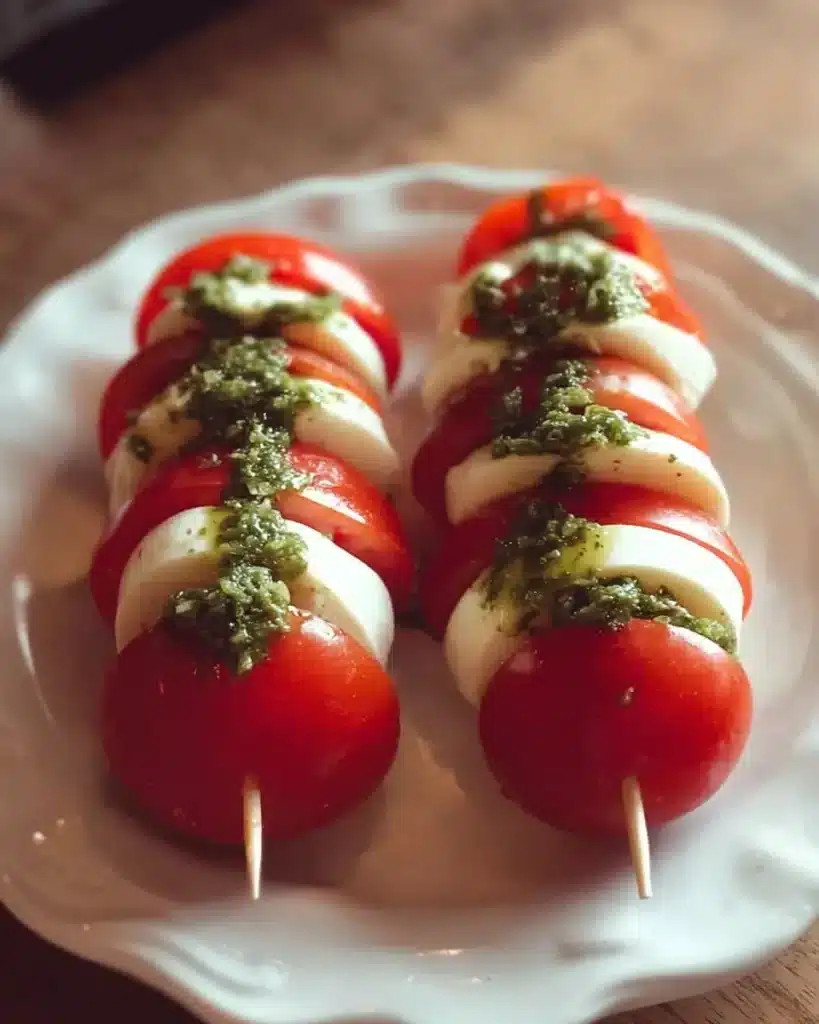 Caprese Salad Skewers with mozzarella, cherry tomatoes, and fresh basil on skewers