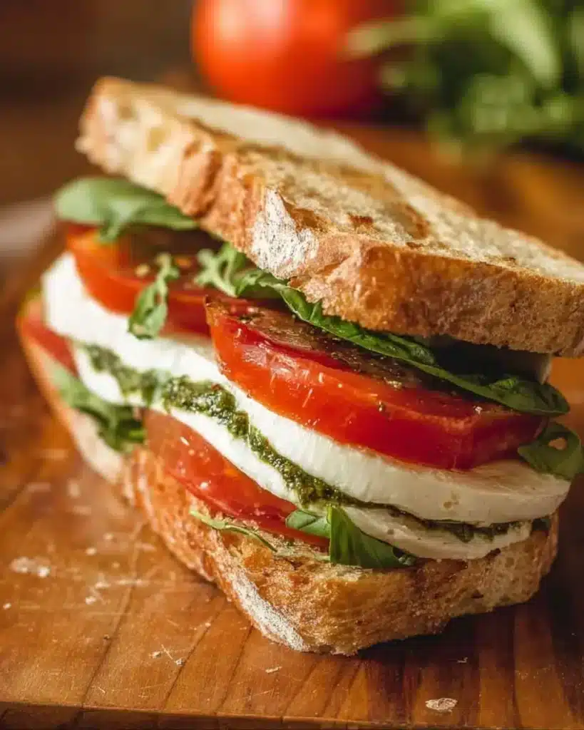 Fresh Caprese Sandwich with mozzarella, tomatoes, and basil on a plate