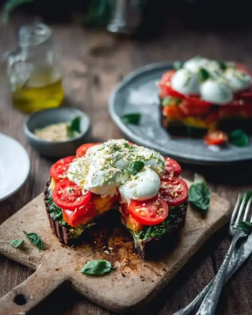 A delicious Caprese Tart with fresh tomatoes, basil, and mozzarella cheese