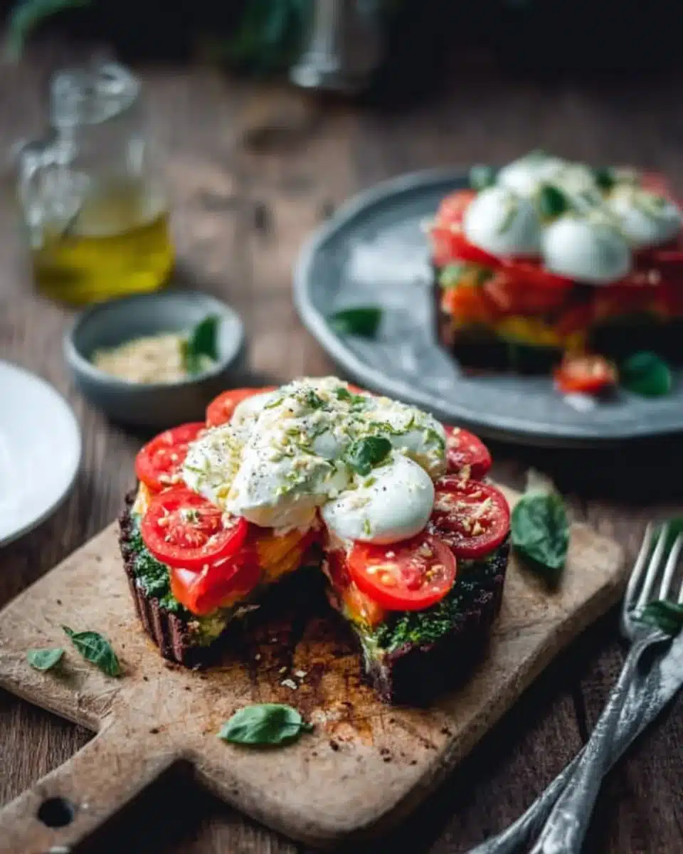 A delicious Caprese Tart with fresh tomatoes, basil, and mozzarella cheese