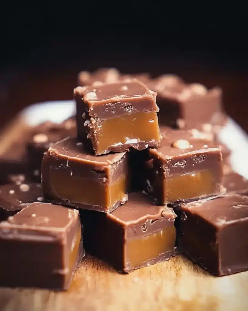 Delicious caramel chocolate fudge bites displayed on a plate