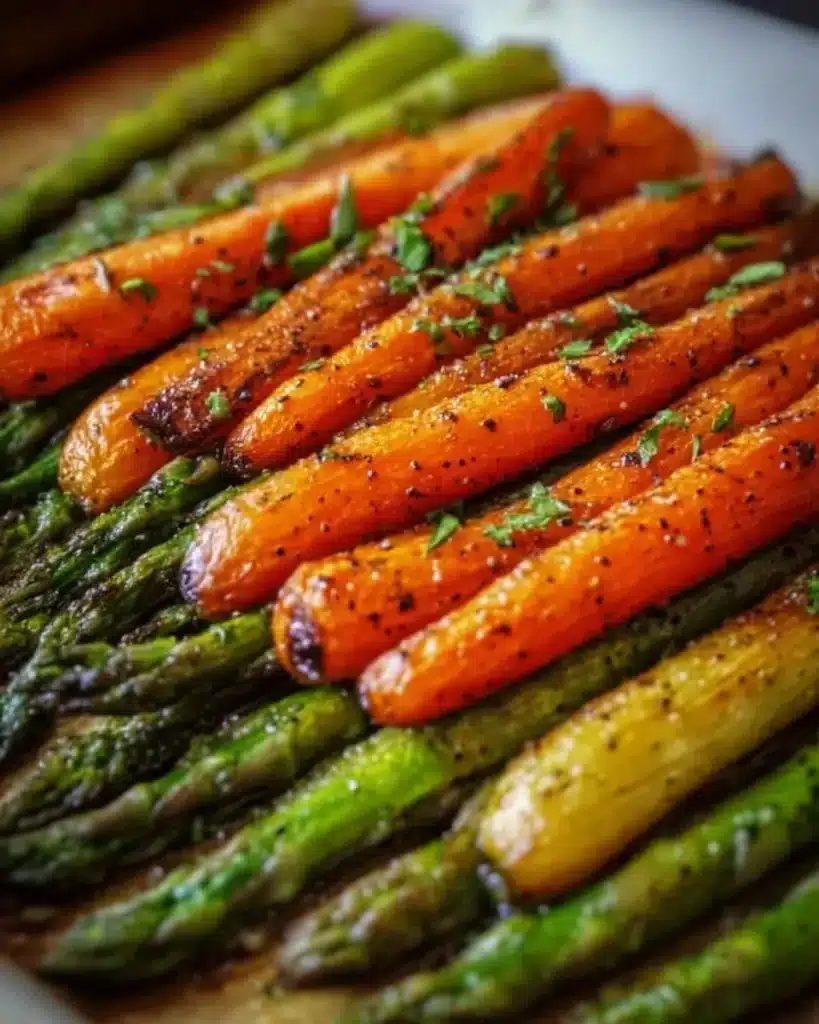 Plate of caramelized asparagus alongside roasted carrots, showcasing vibrant colors and textures.