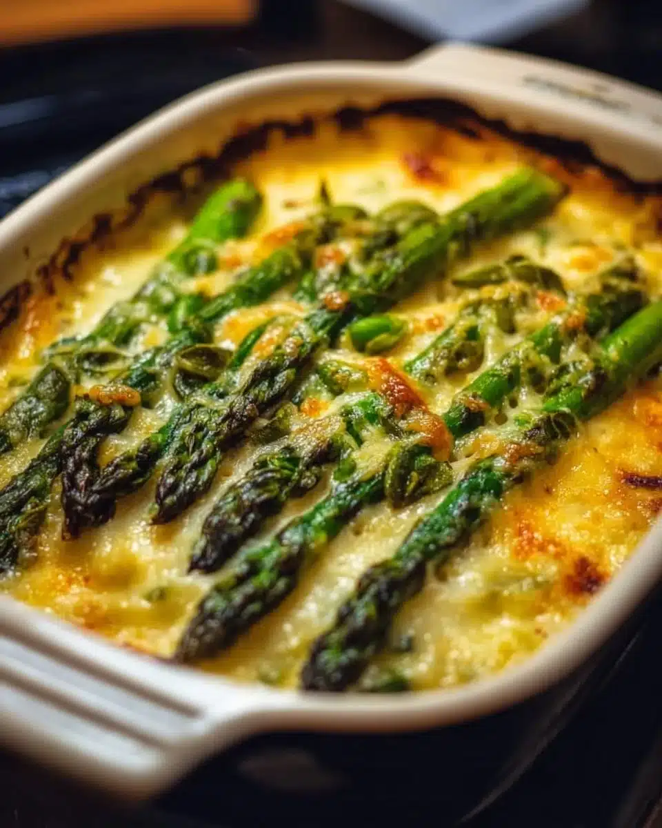 Cheesy asparagus casserole served in a baking dish