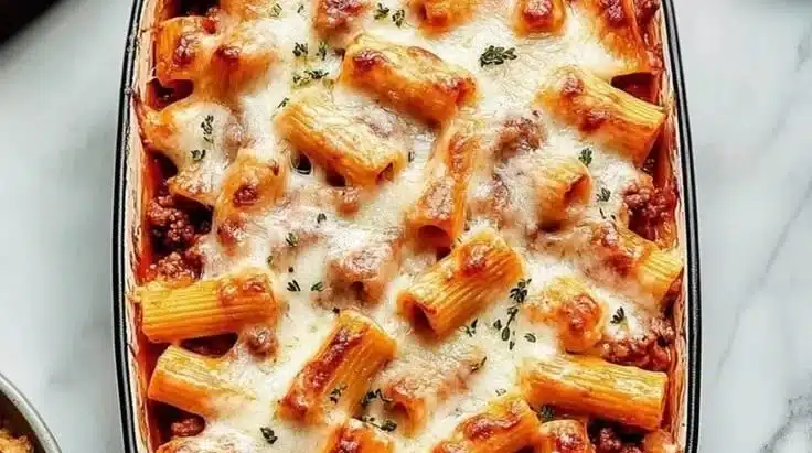 Cheesy ground beef pasta bake topped with melted cheese fresh from the oven.