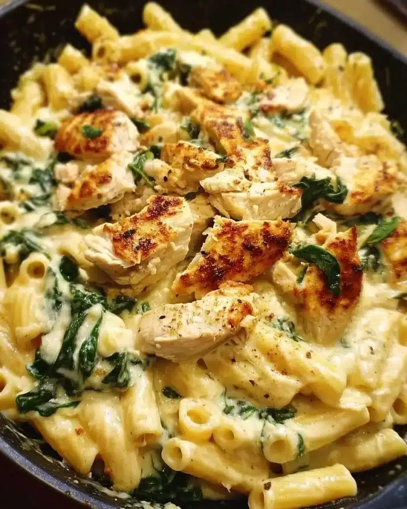 Delicious cheesy spinach dip chicken pasta topped with melted cheese and herbs