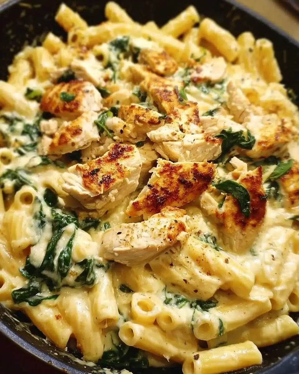 Delicious cheesy spinach dip chicken pasta topped with melted cheese and herbs