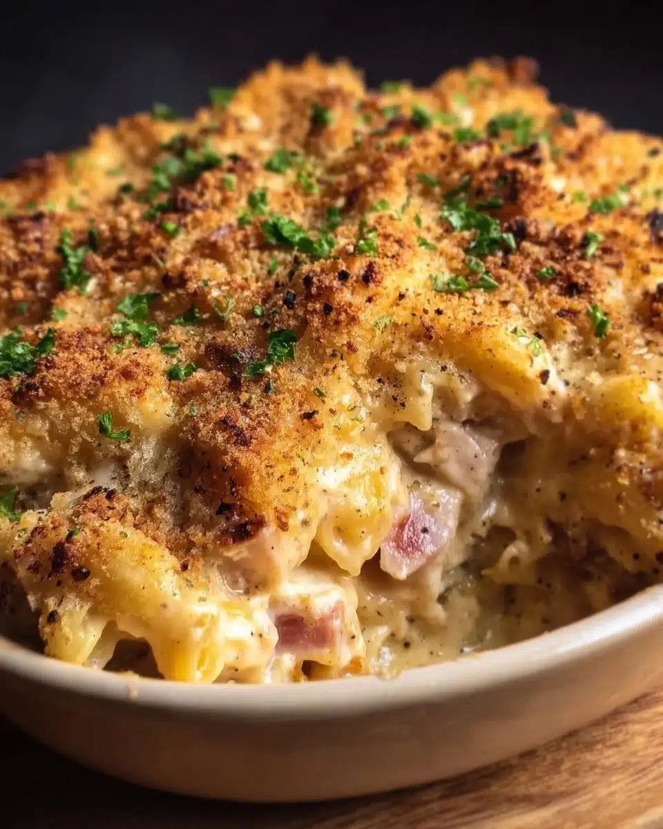 Delicious Chicken Cordon Bleu Casserole served in a baking dish.