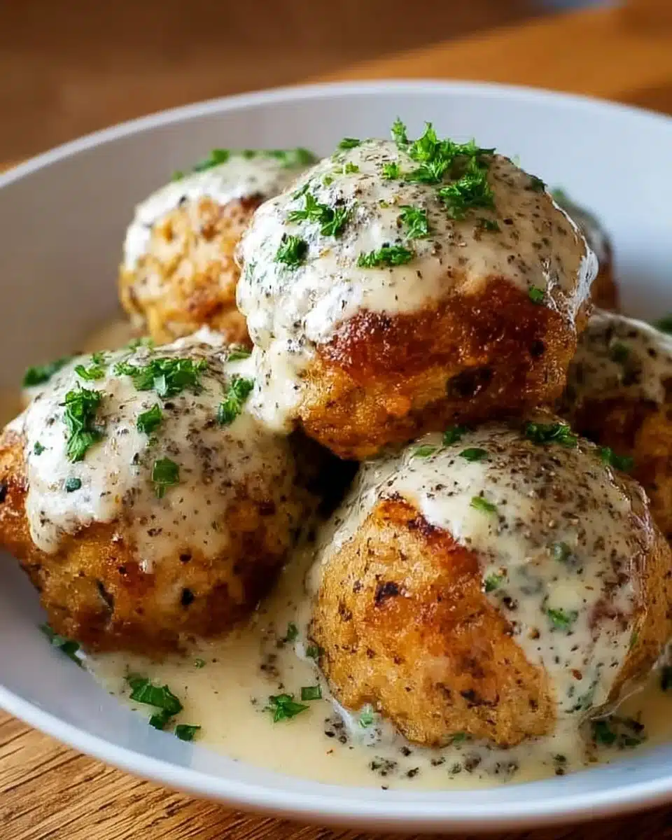 Delicious Chicken Cordon Bleu meatballs served with a creamy sauce.