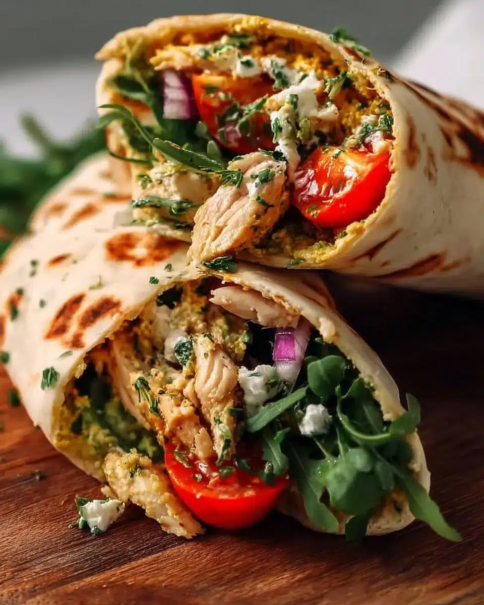 Delicious Chicken Hummus Naan Wrap filled with fresh ingredients