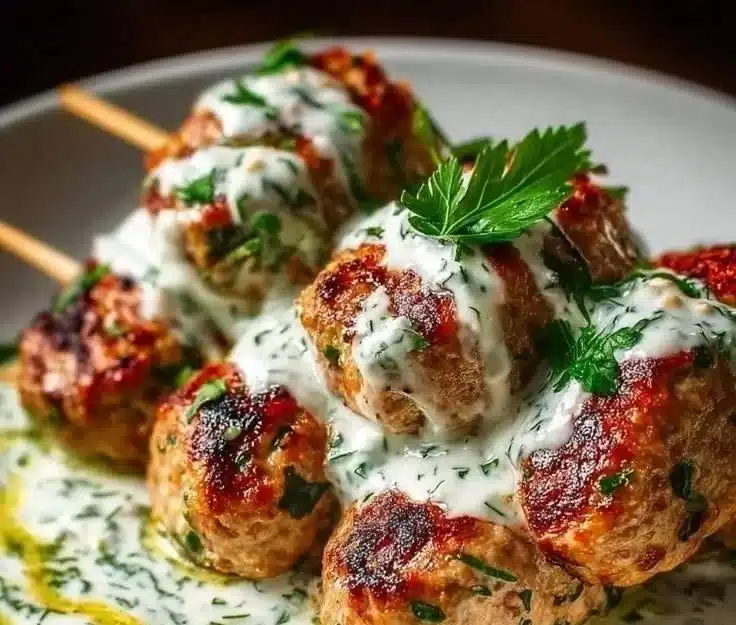 Plate of chicken kofta topped with garlic yogurt sauce and garnished with herbs