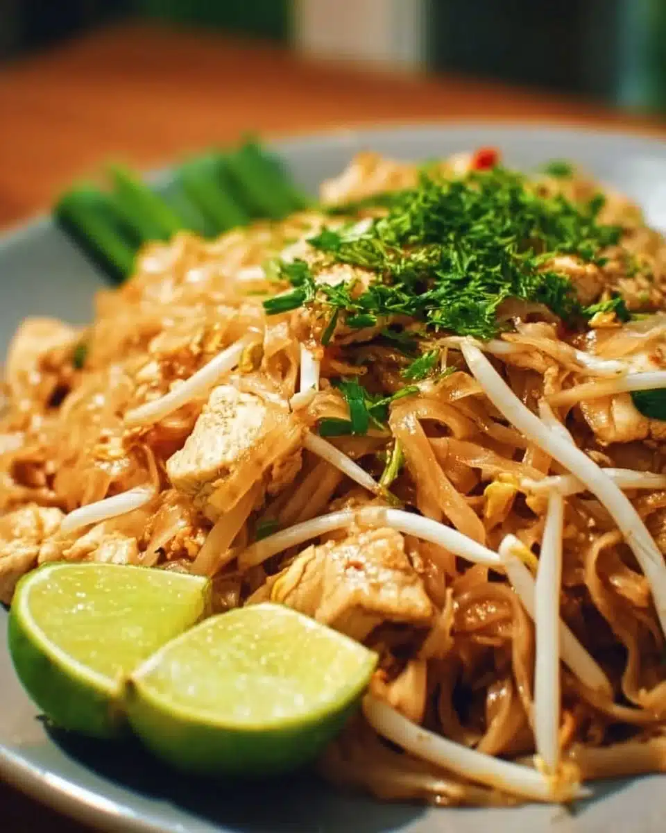 Delicious Chicken Pad Thai with colorful vegetables and garnishes served in a bowl.