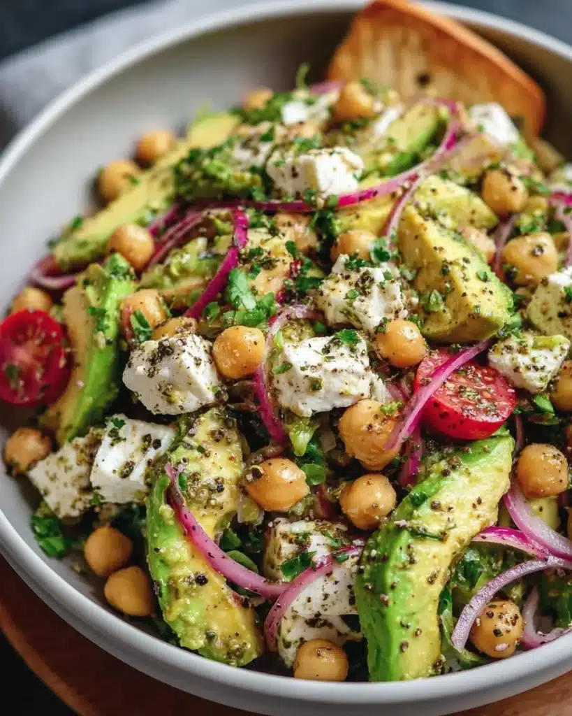 Chickpea Feta Avocado Salad with fresh vegetables and vibrant colors