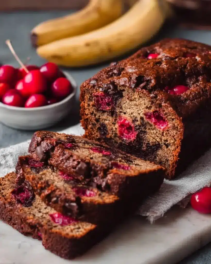 Slice of Chocolate Cherry Banana Bread on a wooden board