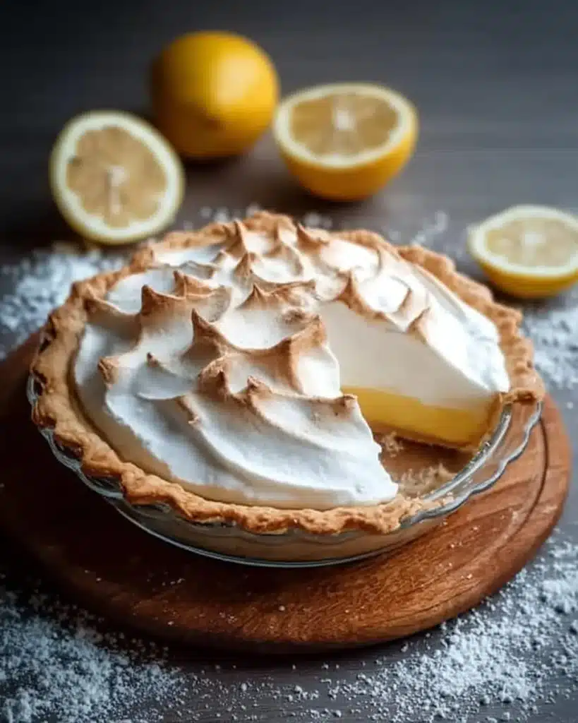 Classic lemon meringue pie with a golden meringue topping and lemon filling