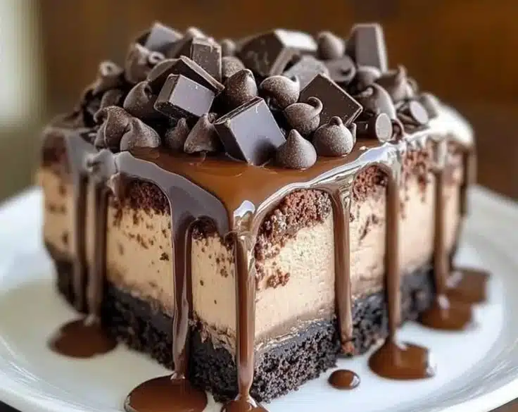 Delicious copycat Hershey's chocolate bar cheesecake cake slice