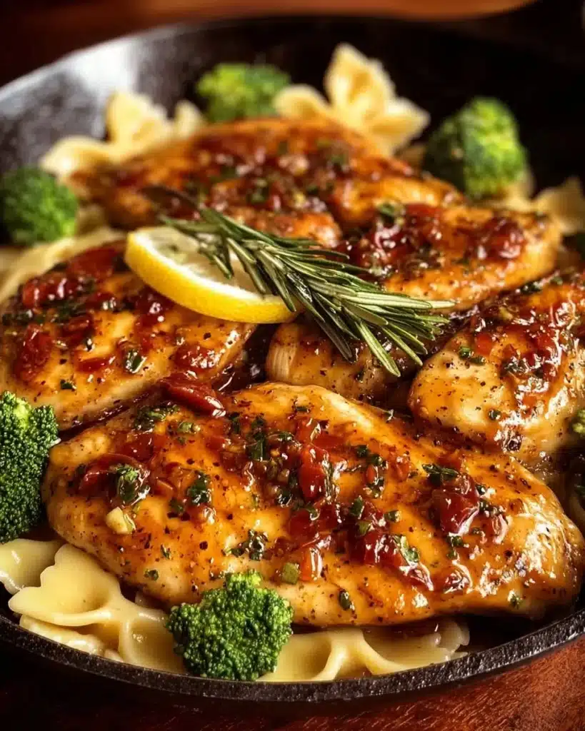 Delicious Cowboy Butter Lemon Bowtie Chicken garnished with herbs and lemon slices.