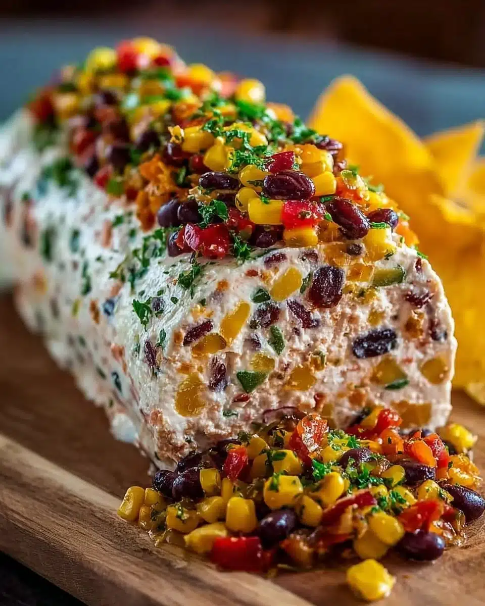 Cowboy Caviar Cheese Log with fresh ingredients and vibrant colors