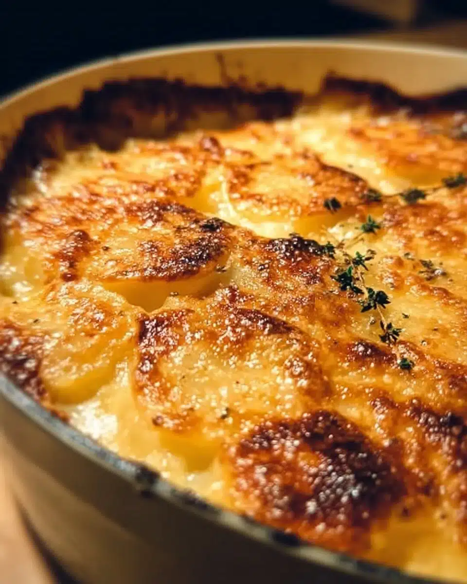 Baked creamy au gratin potatoes topped with melting cheese and golden crust
